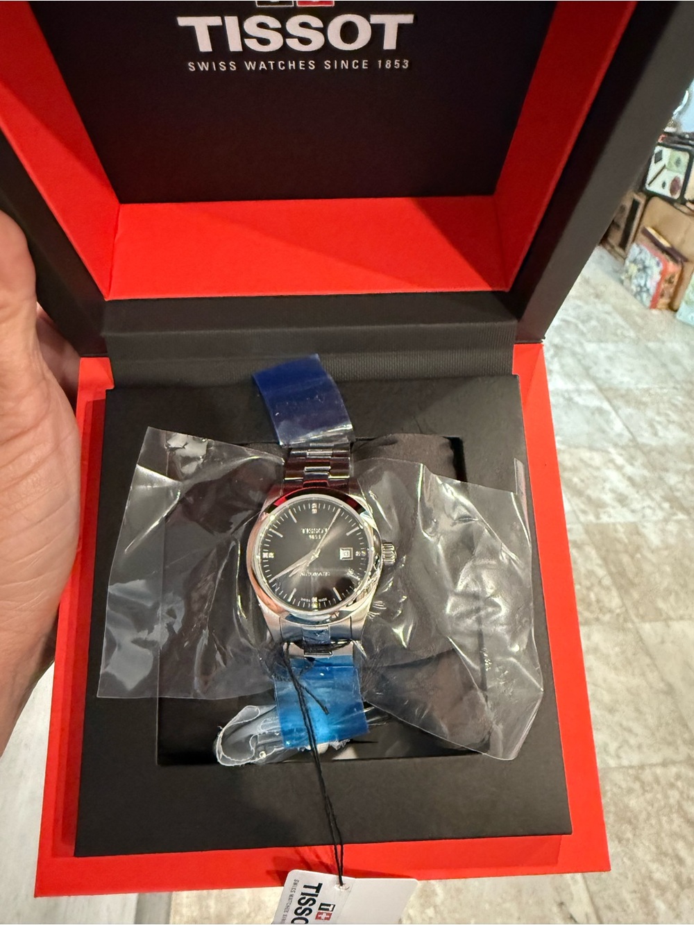 Tissot Men's Black Dial Stainless Steel Bracelet Watch in Red Box